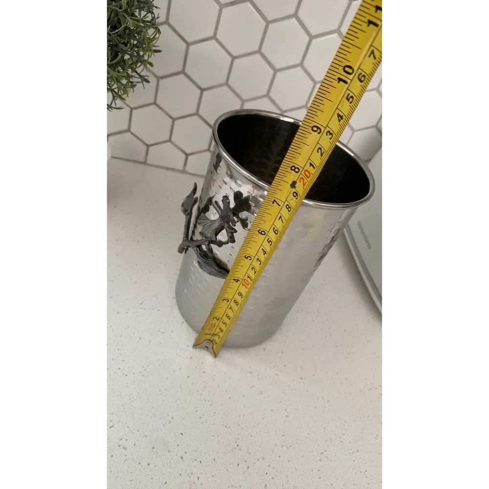 Stainless steel vase with Dark silver vine‎ 3D utensils holder hammered Metal